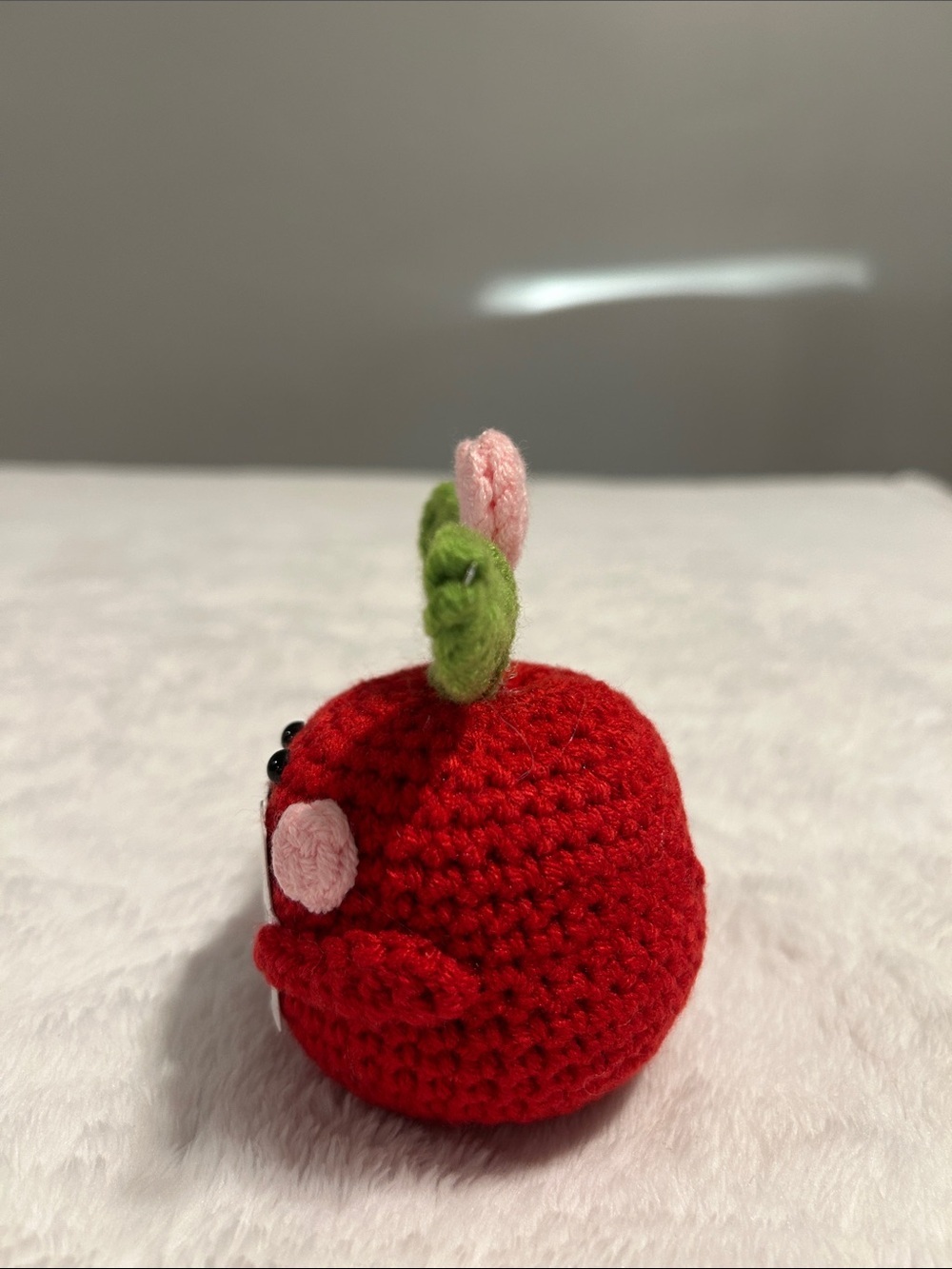 Handmade Red Crochet Apple Plush with Pink Heart Accent. Emotional gift. - Picture 5 of 6